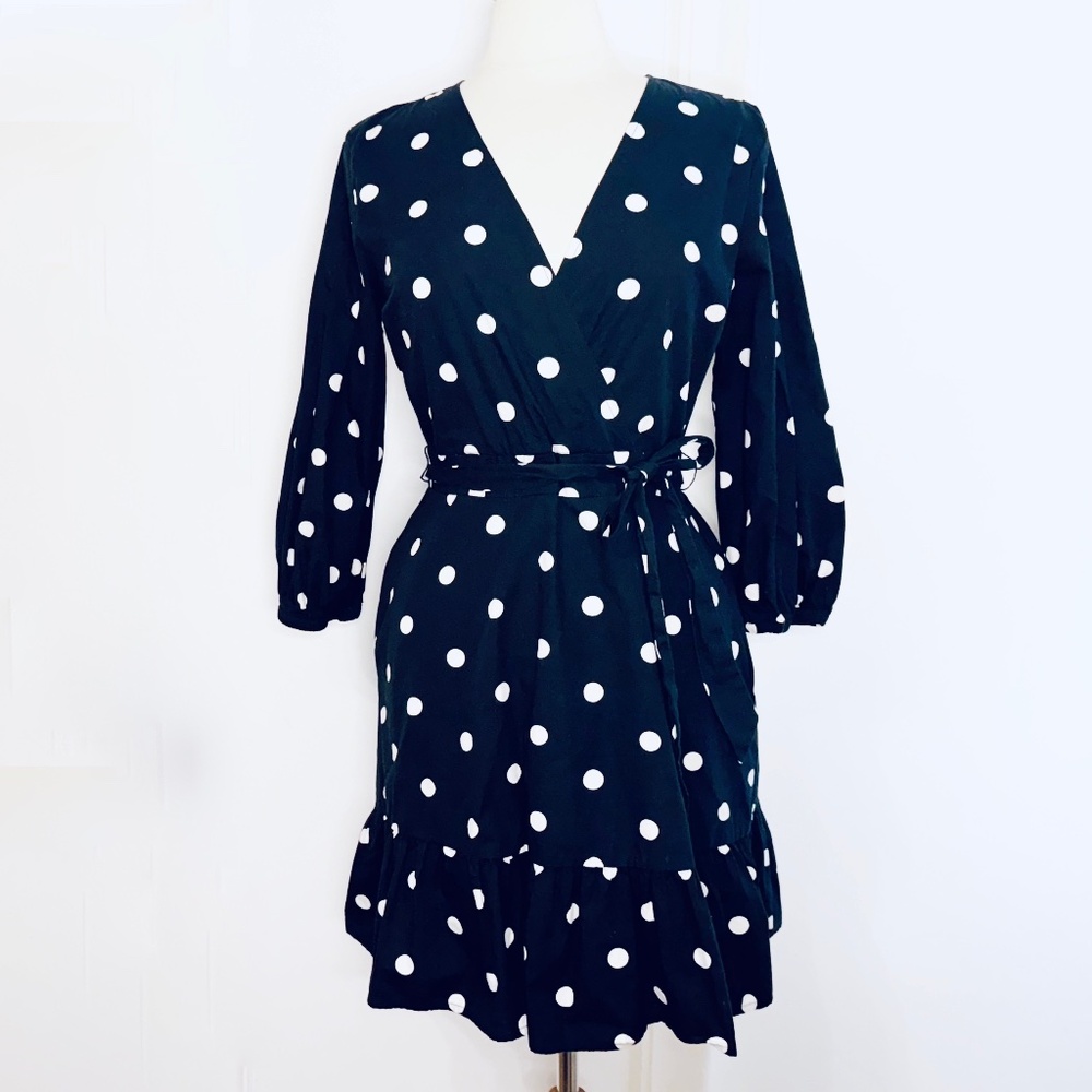 New York & Co Fit & Fare Polka Dot Dress Navy Blue Small Party/Office/Cocktail